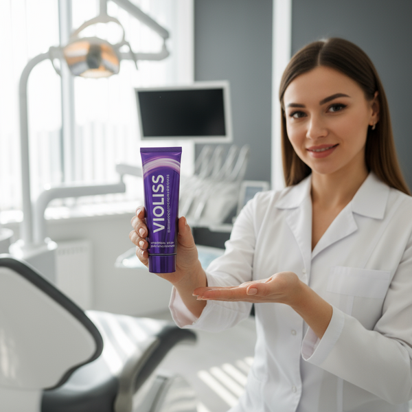 génère moi une image réaliste de style photographie proffesionnel d'un dentiste dans son cabinet qui recommande les dentfirices violet de la marque "VIOLISS"