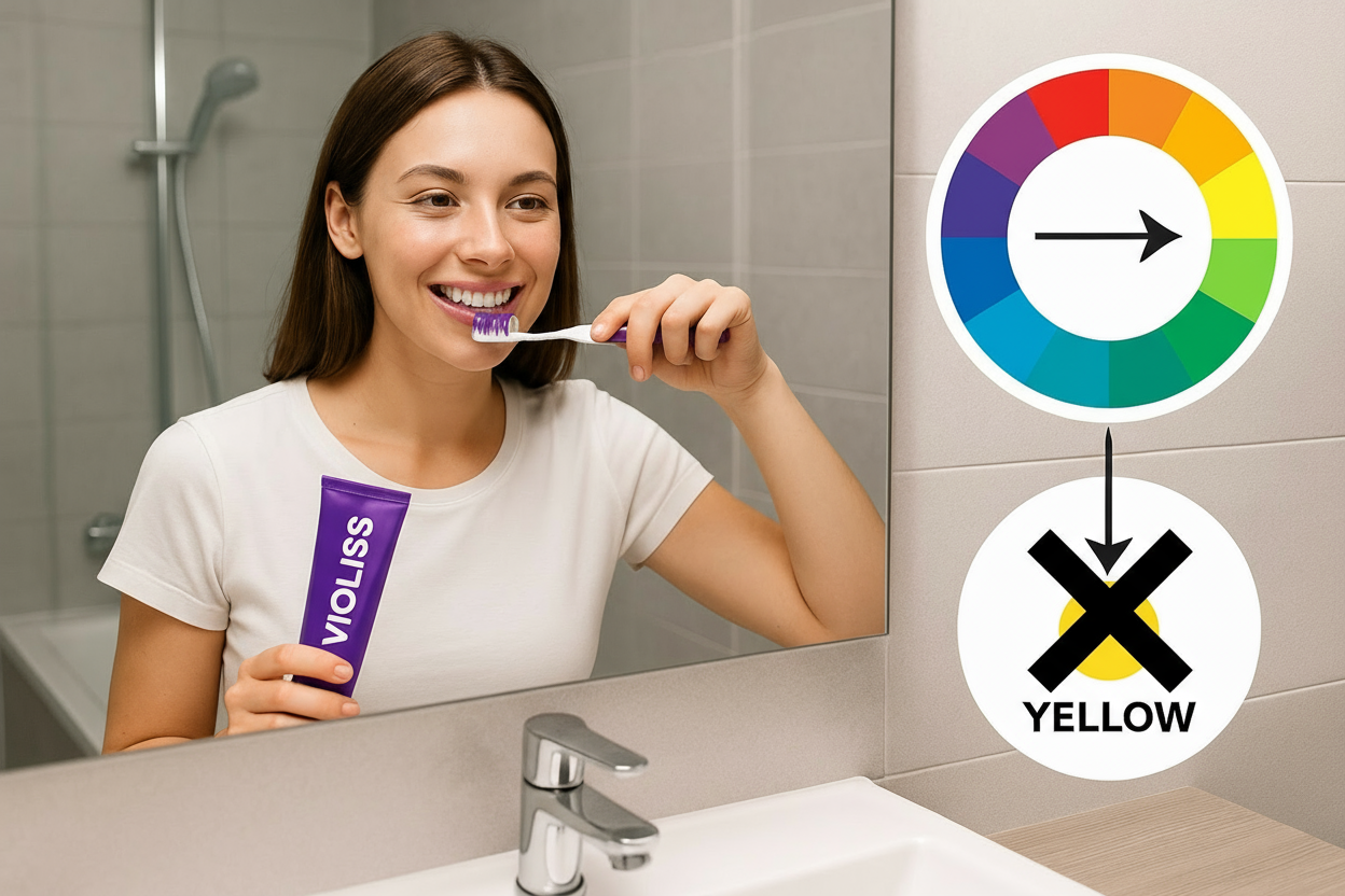 met le violet en face du jaune afin qu'on comprenne bien l'effet neutralisant du violet sur le jaune