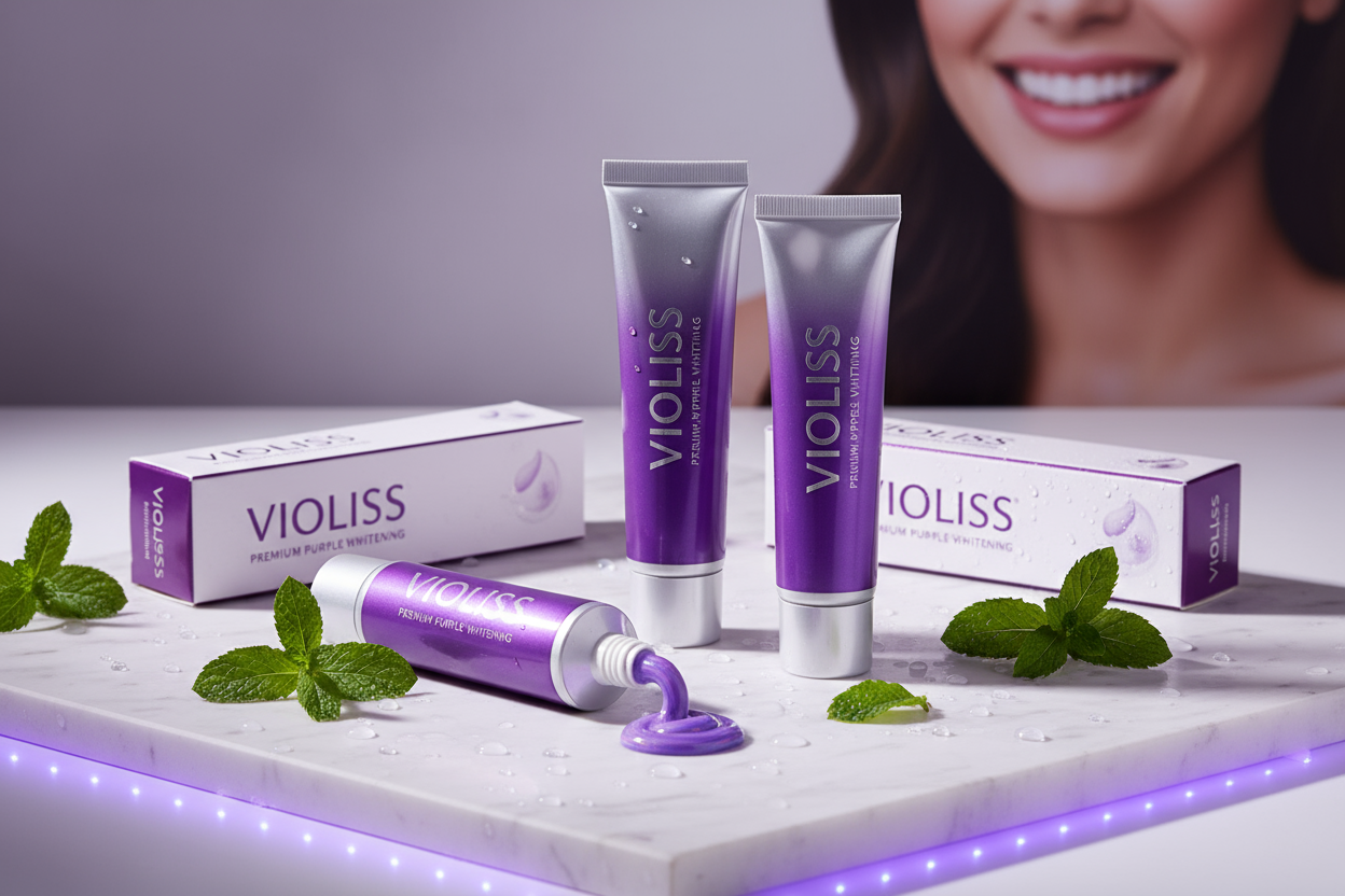 crée moi une image hot-spot pour une marque de dentifrice violet blanchissant de la marque "violiss" je veux une image professionel type shooting photo qui donnent envie d'acheter les produits 