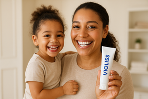 Génère moi une image qui souris avec son enfant dans les bras qui lui aussi sourire et qui montre le dentifrice « VIOLISS » qui a l’air heureuse d’avoir effectuer l’achat 