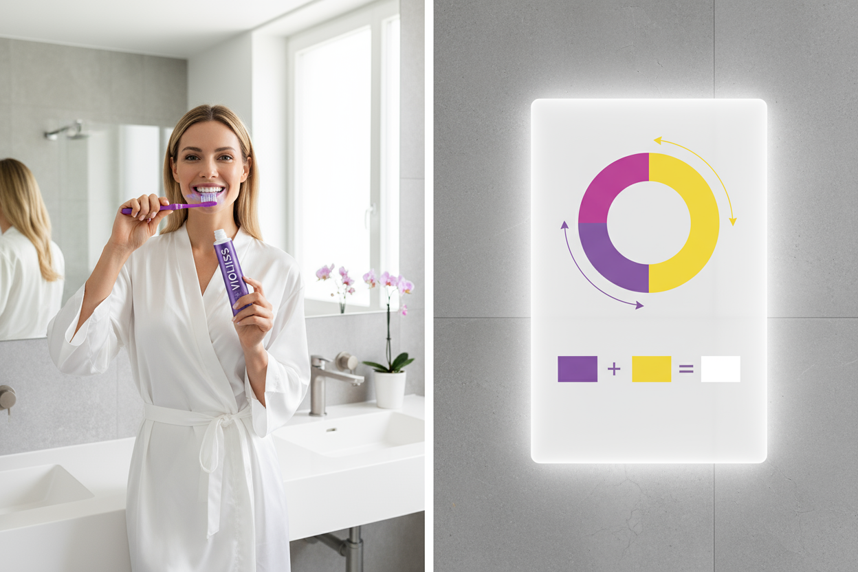génere moi une image mettant en scène une femme qui se brosse les dents avec un dentifrice "VIOLISS" avec une shéma a coté sur lequel on nous explique sans texte l'effet du violet sur le jaune avec un cercle des couleur et des fleches qui montrent que ces 2 couleur sont l'opposés ce qui annulent les effet jaune 